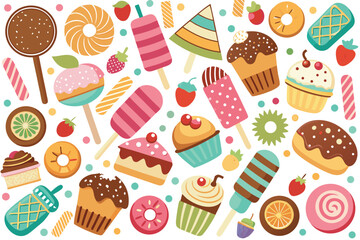 Sweet and Colorful Treats Whimsical Pattern Design Delights with Cupcakes, Donuts, Popsicles and Candies in a Playful Composition