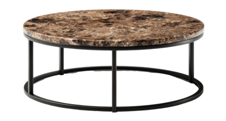Round coffee table with a brown marble top and a black metal base