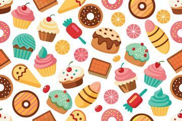 Sweet and Colorful Treats Whimsical Pattern Design Delights with Cupcakes, Donuts, Popsicles and Candies in a Playful Composition