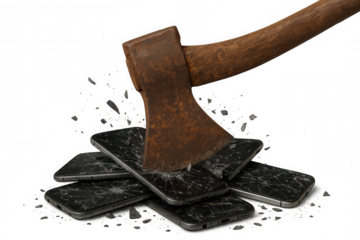 Rusty axe smashing smartphones on transparent background, symbolizing digital detox, technological obsolescence, overwhelming device dependency
