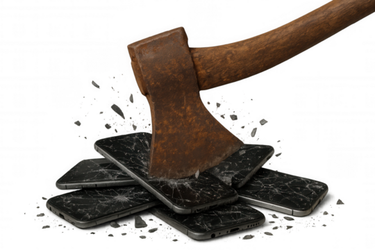 Rusty axe smashing smartphones on transparent background, symbolizing digital detox, technological obsolescence, overwhelming device dependency