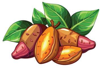 Vibrant Sweet Potato Still Life Artwork Featuring Whole and Halved Potatoes with Fresh Green Leaves for a Natural Aesthetic