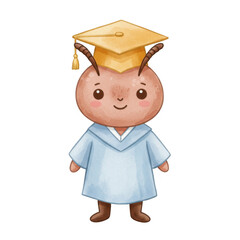 Cartoon Ant Character in Graduation Gown and Cap on Transparent Background