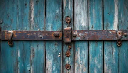 The image shows a close-up view of an old wooden door with teal paint that is peeling and a rusty metal latch.