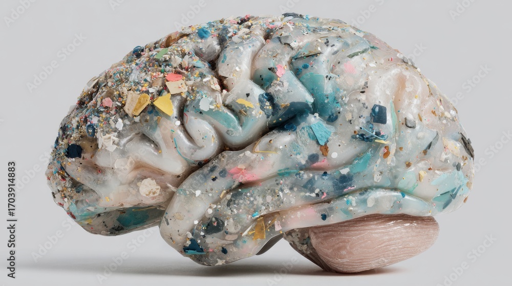 Poster a sculptural representation of a brain is shown, crafted with various colorful materials, glitter, a