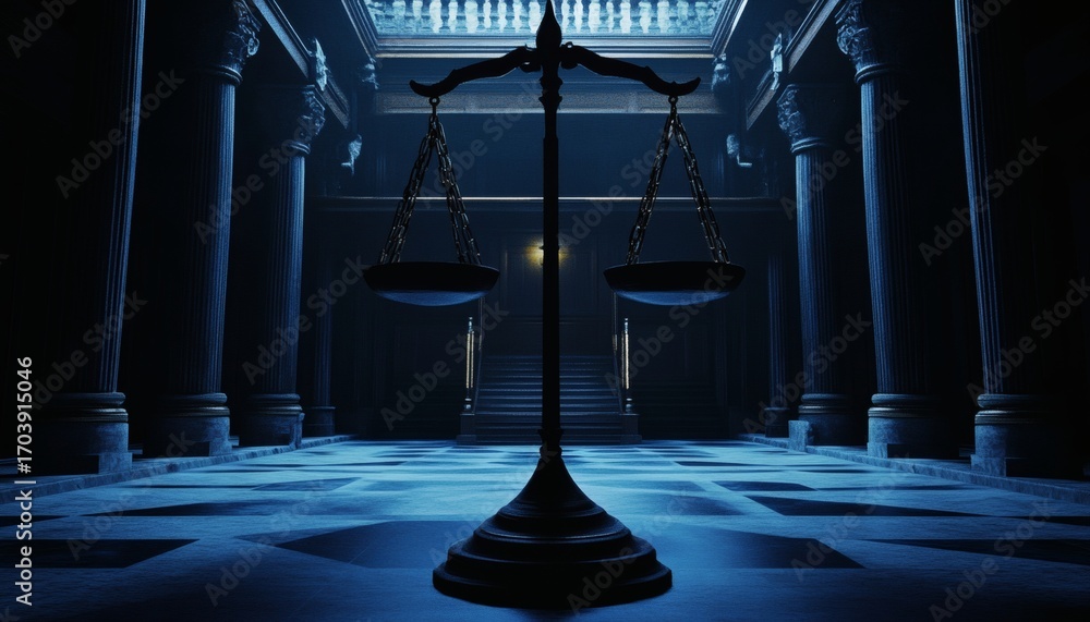 Poster a 3d rendering of a dark, classical hall with marble columns and floors, featuring a scale of justic