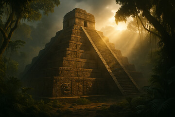 Mayan pyramid temple illuminated by golden sunlight, ancient sacred monument standing tall in jungle, symbol of power, religion, and advanced architecture of Mesoamerican civilization and heritage
