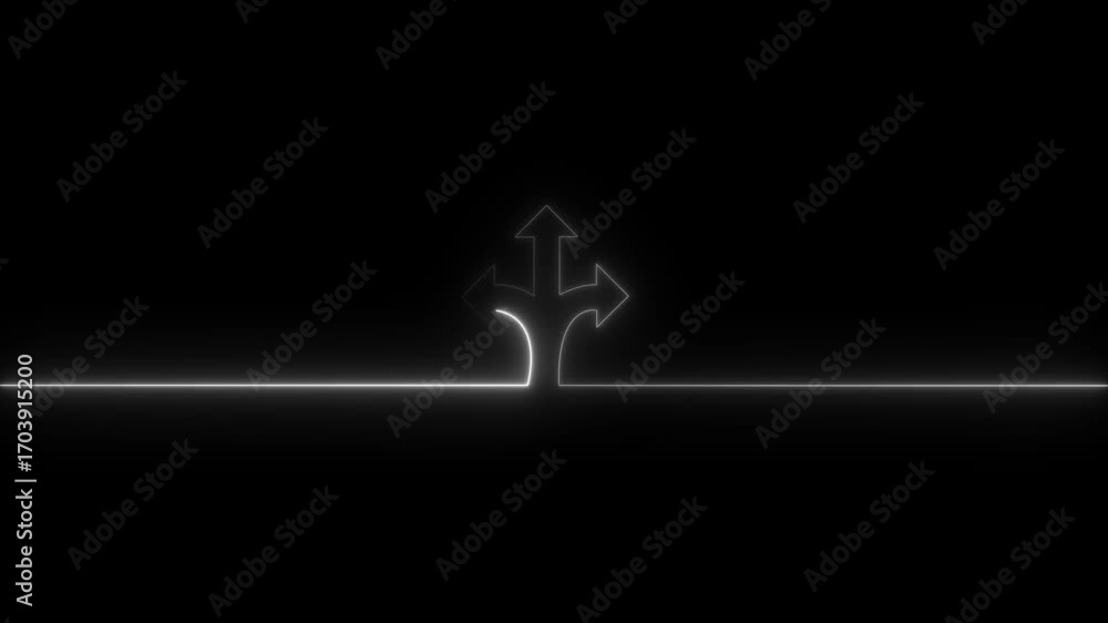 Poster glowing white color 3 side arrow animation. neon 3 side directional arrow. arrow pointing to right, 