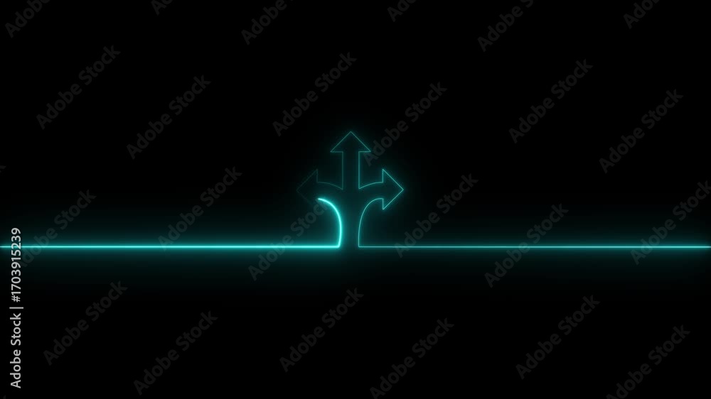 Poster glowing cyan color 3 side arrow animation. directional arrows and symbols on black background. arrow