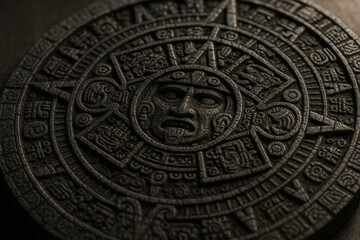 Mayan calendar stone with detailed glyphs and ancient symbols