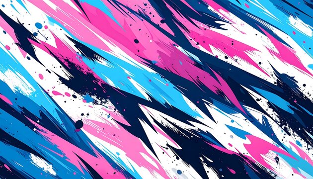 Abstract design with diagonal brushstrokes and splashes of pink, blue, and black on a white background