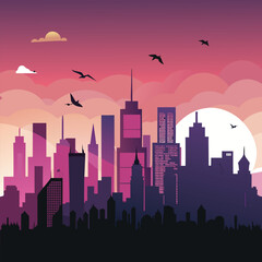 Fototapeta premium Urban Skyline Silhouette with Birds at Sunrise