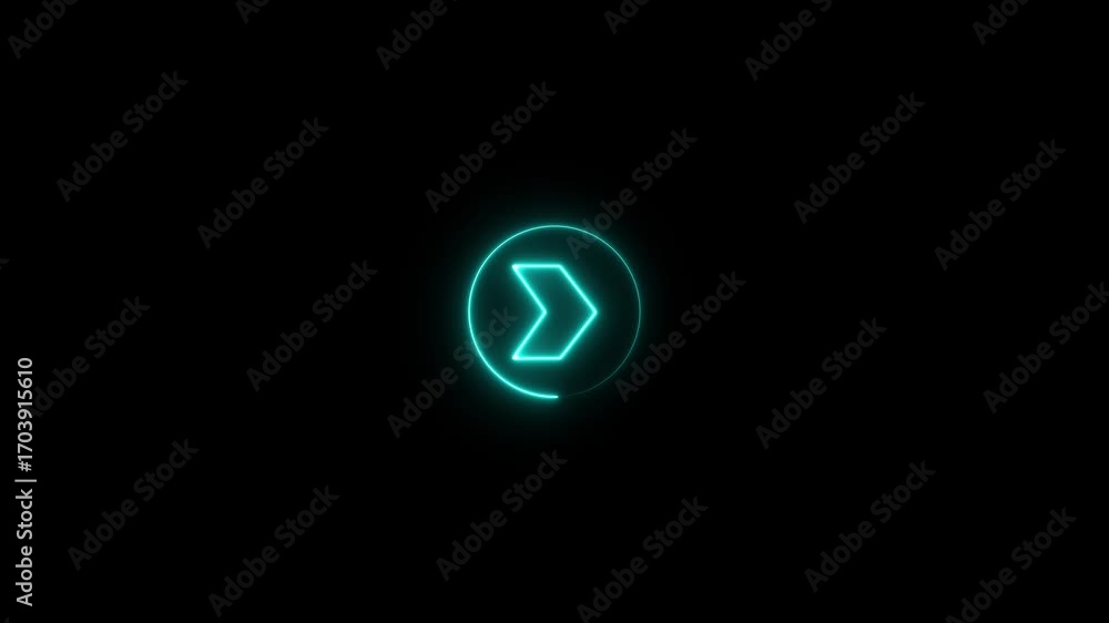 Poster cyan color neon arrow icon and neon circle animation. right arrow icon circle inside. neon arrow mov