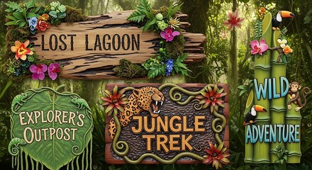 Set of stylized jungle theme signs for exploration and adventure.