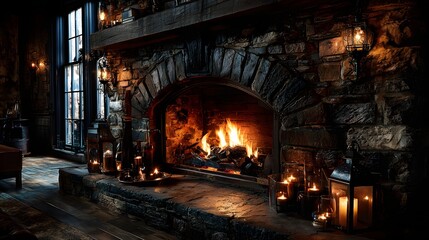 Rustic fireplace with stone wall and warm candlelight in cozy cabin interior — perfect for winter ads, home decor inspiration