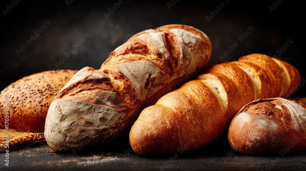 Poster a variety of artisan breads displayed against a dark backdrop showcase their rustic textures and cru