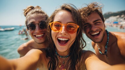 Obraz premium Three friends smile brightly while taking a close-up selfie at the beach during a sunny day. They are surrounded by clear blue water and sunny skies.