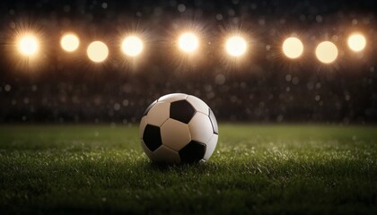 Fototapeta premium A black and white soccer ball rests on a green grass field at night, illuminated by bright stadium lights in the background.