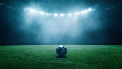 Naklejka premium A single soccer ball rests in the center of a dark green grassy field, brightly lit by stadium lights overhead.