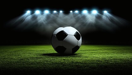 Fototapeta premium A black and white soccer ball rests on a dark green grass field, brightly lit by several stadium lights in the background.