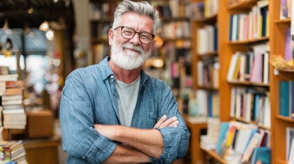 A senior man with glasses stands proudly in a quaint bookstore. Surrounded by stacks of books, he exudes warmth and friendliness, creating an inviting atmosphere for customers.