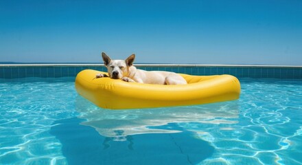 Dog floats lazily on a yellow pool inflatable
