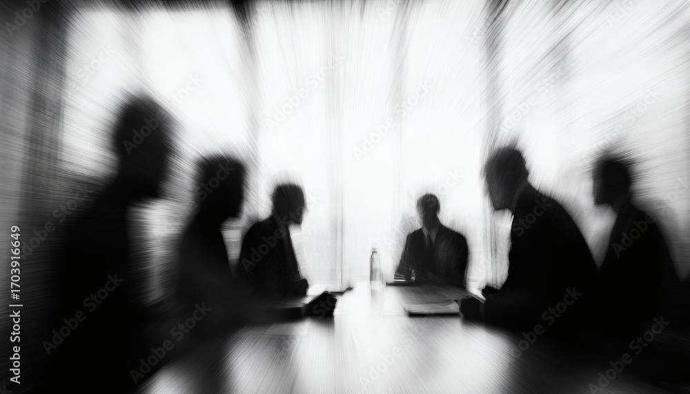 Poster five business people sit around a table during a meeting; the image is stylized with a zoom blur eff