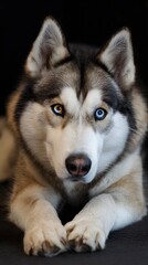 Obraz premium Smiling husky dog sitting on snowy forest path during gentle snowfall — perfect for winter greeting card, pet-themed content