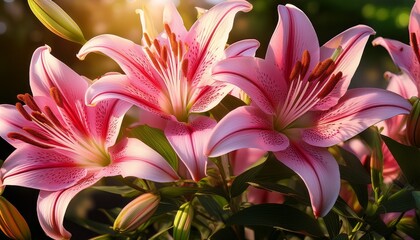 Close Up Of Blooming Pink Oriental Lilies With Vibrant Petals And Green Leaves Under Sunlight A Symbol Of Elegance Beauty And Fragrance In Summer Gardens