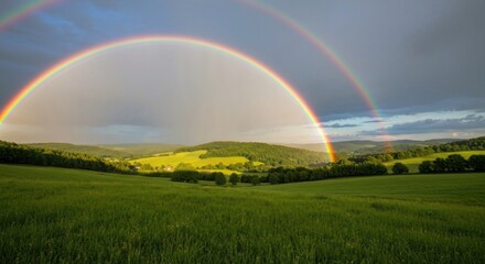 Fototapeta premium Double rainbow arches over a lush green valley