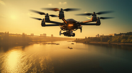 Drone flying over lake at sunrise reflection
