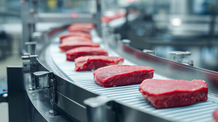 Raw meat on conveyor belt in food processing plant

