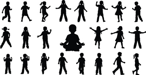 Children silhouette set, black vector, walking, standing, meditating, playful poses, mindfulness theme, group dynamics, child behavior, yoga pose,