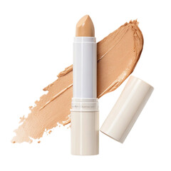 Beige colored concealer stick with a swipe of color on white background