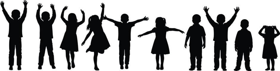 Children silhouette, expressive poses, black vector, group of kids, raised hands, standing, playful gestures, joy, childhood, celebration, body language,