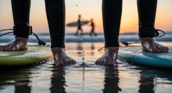 Close-up of surfer feet on boards at sunset beach with surfing in background