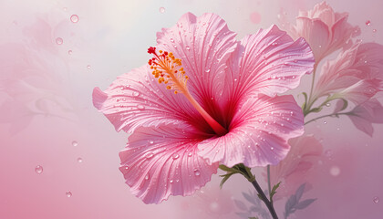 ai generator pink hibiscus flower with water drops in soft pastel tones for wedding invitation card design.