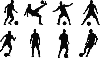 Soccer player silhouette set, black vector, football action poses, dribbling, kicking, standing, isolated illustrations, athletic movement, sports theme,