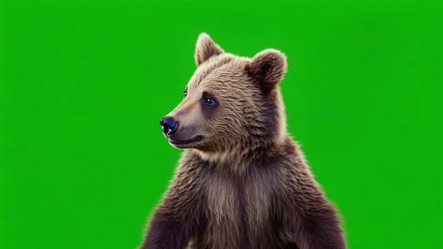 Brown bear cub waving its paw in the air against a bright green screen background in studio shot animal green screen video