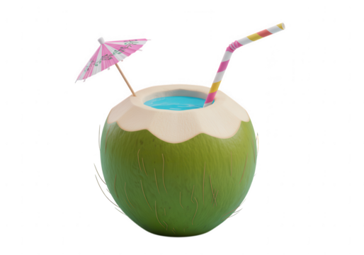 Refreshing green coconut drink with blue liquid and tropical umbrella isolated on transparent background - Powered by Adobe