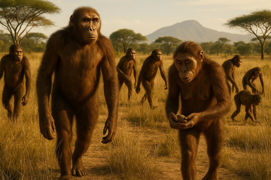Australopithecus group walking across African savanna, early human evolution illustration