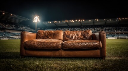 A worn leather couch sits prominently on a football pitch under bright stadium lights at night, creating an unusual focal point amidst the sports venue atmosphere.