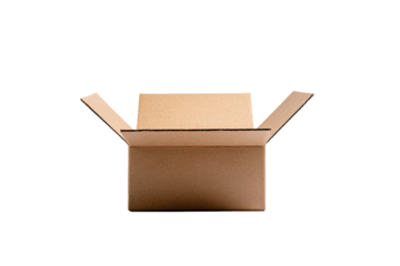 Open cardboard box against black background.  Empty,  light brown box,  flaps spread,  top view,  shipping,  delivery,  retail,  packaging,  product,  ready