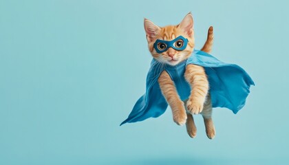 A ginger kitten wearing a blue cape and mask is shown flying against a light blue background.