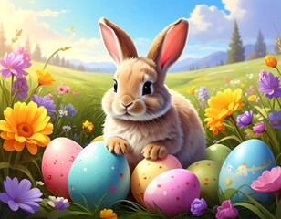 Cute bunny with Easter eggs in a field