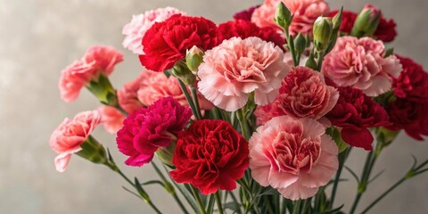 A vibrant bouquet of carnations in shades of pink and red against a neutral background is displayed