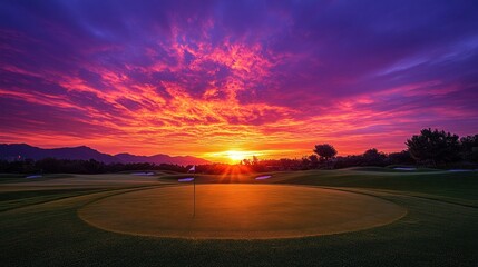 Fototapeta premium Dramatic golf course at vibrant sunset. Colorful sky over green fairway