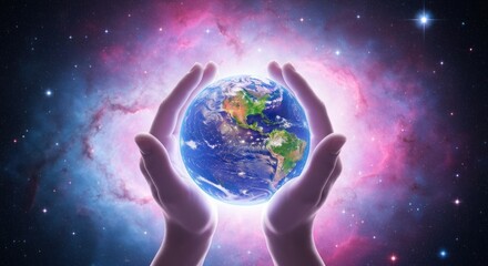 Earth held gently in luminous hands amidst vibrant nebula