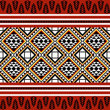 Ethnic geometric seamless pattern with diamond shapes in red, black, white, and yellow. Traditional tribal design for textile, fabric, wallpaper, and decorative backgrounds.