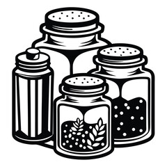 Black and White Illustration of Three Spice Jars with Varying Fillings Standing Side By Side on a White Background